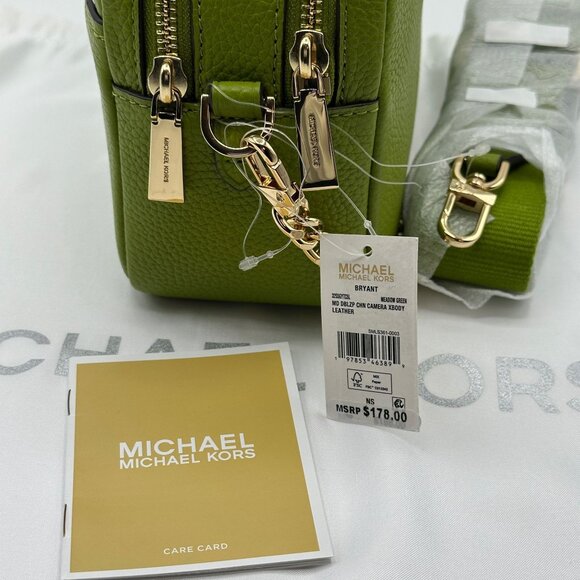 Michael Kors Bryant Med Leather Double Zip Chain Camera Crossbody Meadow Green - Picture 3 of 16